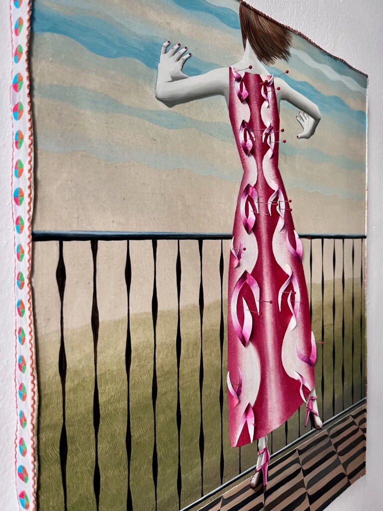 Painting of a woman on a railing in a pink dress with pins attached to the surface of the canvas