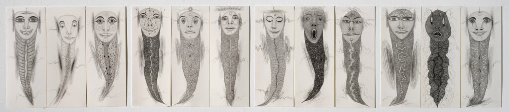 Drawings of heads attached to tails, similar to those of fishes