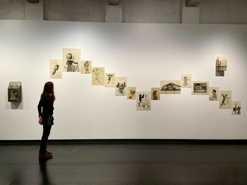 A person looking at an exhibition of drawings hanging on a white wall
